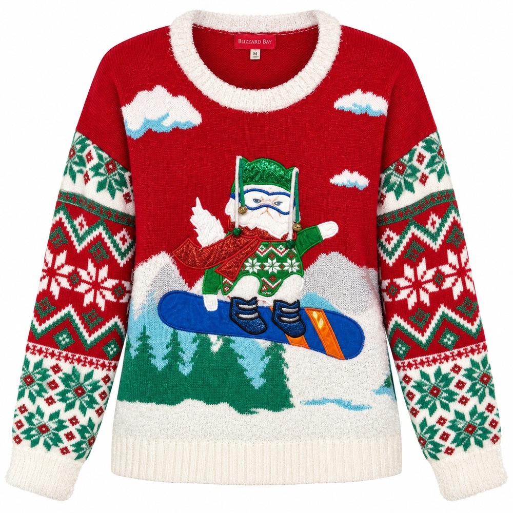 Blizzard Bay Festivecore Snowboarding Cat Sweater Womens Large Tacky Kitsch